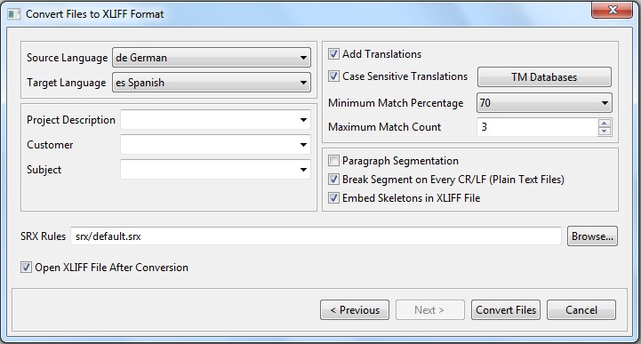 Convert File to XLIFF Format dialog